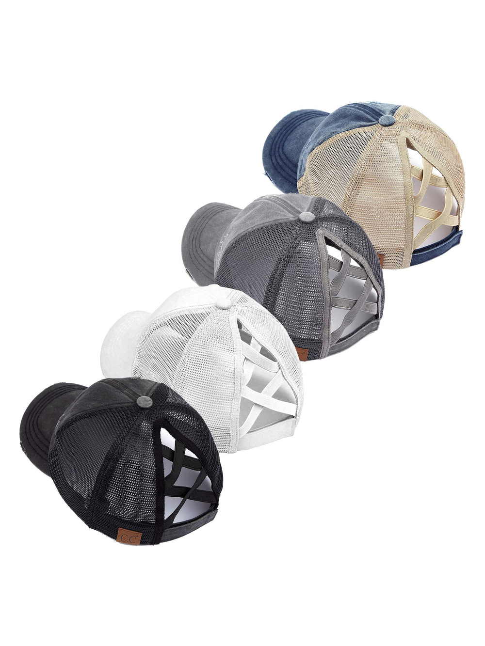 Criss Cross Ponytail Cap, Messy Bun Distressed Baseball | Black, White | Size OS